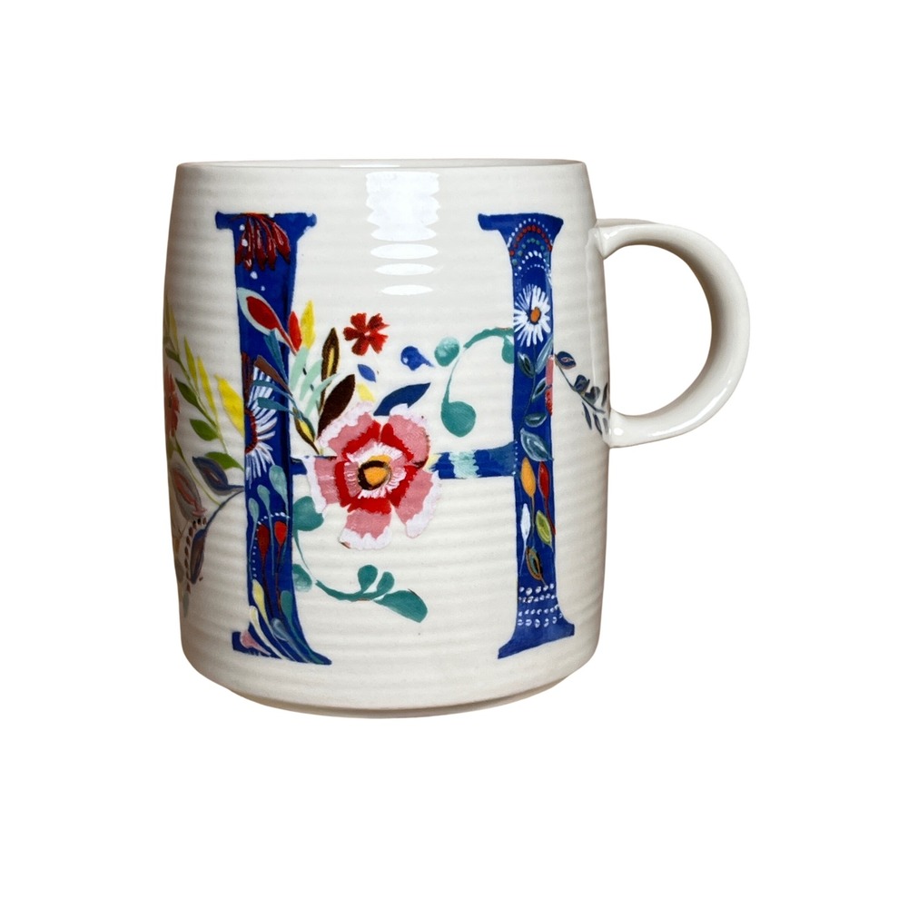 Anthropologie Starla M Halfmann Monogram H Floral Ceramic Boho Coffee Mug
